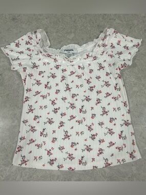 RSQ Preteen/Teen Girls size L White Top Pink Floral Print Ruffle Sleeves NWOT